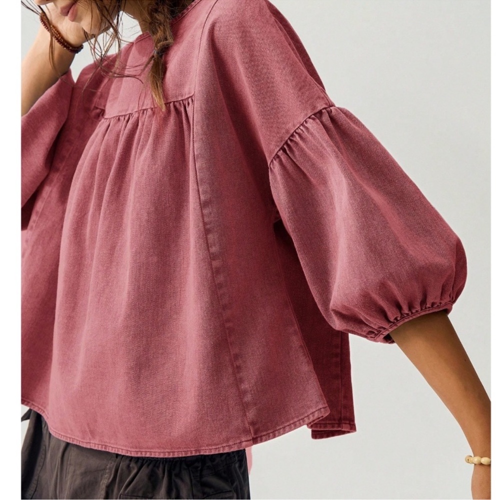 Solid Cotton 3/4 Bishop Sleeve Loose Fit Top XS S M L XL